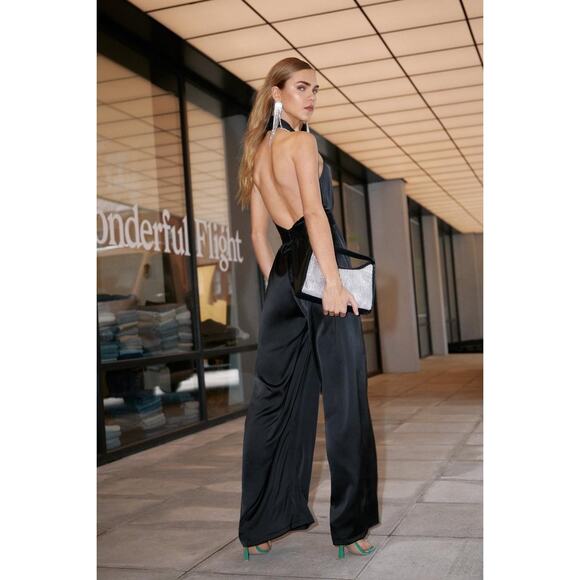 Nasty Gal Black Satin Backless Crossover Halter Wide Leg Pant Jumpsuit Size 8 - Picture 5 of 10